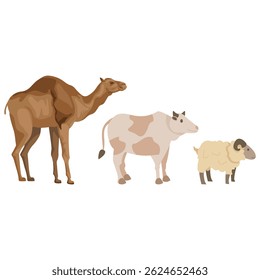 Eid Al Adha festival. Greeting card with sacrificial sheep and crescent on cloudy night background.
