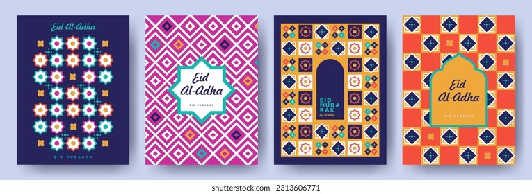 Festival Eid Al Adha y afiche de Eid Mubarak, portada de las fiestas. Tarjeta de felicitación islámica, plantilla de banner. Diseño moderno y bonito con un estilo geométrico de color turquesa, azul, amarillo, rosa y rojo