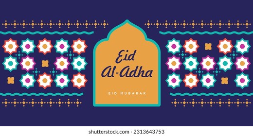 Eid Al Adha festival and Eid Mubarak holiday cover, islamic greeting card, flyer, label, banner template. Modern beautiful design with geometric pattern in turquoise, blue, yellow, pink, red color