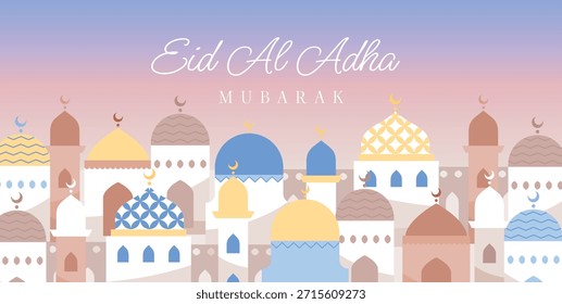 Eid Al Adha fundo festivo com cúpulas de mesquitas, minaretes e luas crescente em cores pastel. Arquitetura islâmica no horizonte com texto de saudação. Ilustração vetorial para anúncio, banner da Web, marketing.