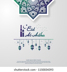 Eid al Adha or Fitr Mubarak islamic greeting card design. abstract mandala with pattern ornament and hanging lantern element. background Vector illustration.