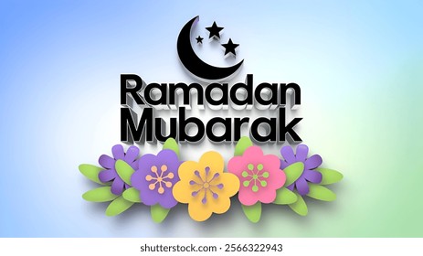 Eid al Adha, Eid al Fitr, Eid Mubarak , 3d floral Ramadan Mubarak text with crescent moon, stars and colorful flowers against a soft gradient background