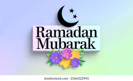 Eid al Adha, Eid al Fitr, Eid Mubarak , 3d floral Ramadan Mubarak text with crescent moon, stars and colorful flowers against a soft gradient background