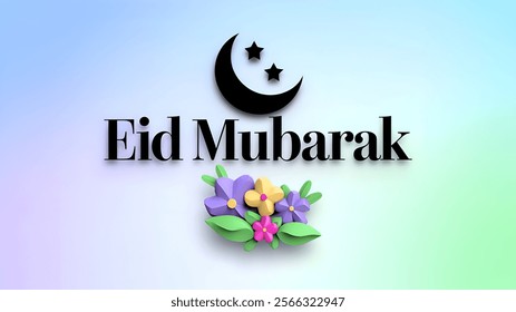 Eid al Adha, Eid al Fitr, Eid Mubarak , 3d floral Ramadan Mubarak text with crescent moon, stars and colorful flowers against a soft gradient background