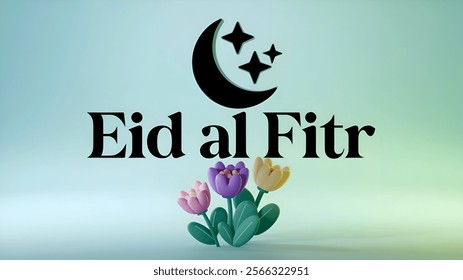 Eid al Adha, Eid al Fitr, Eid Mubarak , 3d floral Ramadan Mubarak text with crescent moon, stars and colorful flowers against a soft gradient background