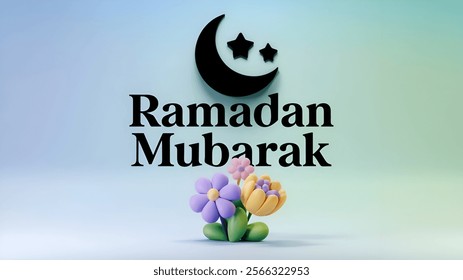 Eid al Adha, Eid al Fitr, Eid Mubarak , 3d floral Ramadan Mubarak text with crescent moon, stars and colorful flowers against a soft gradient background