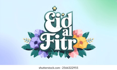 Eid al Adha, Eid al Fitr, Eid Mubarak , 3d floral Ramadan Mubarak text with crescent moon, stars and colorful flowers against a soft gradient background