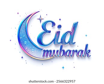 Eid al Adha, Eid al Fitr, Eid Mubarak , 3d floral Ramadan Mubarak text with crescent moon, stars and colorful flowers against a soft gradient background