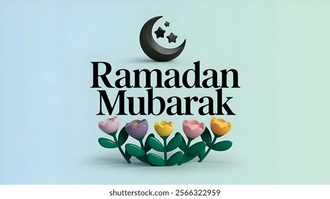 Eid al Adha, Eid al Fitr, Eid Mubarak , 3d floral Ramadan Mubarak text with crescent moon, stars and colorful flowers against a soft gradient background