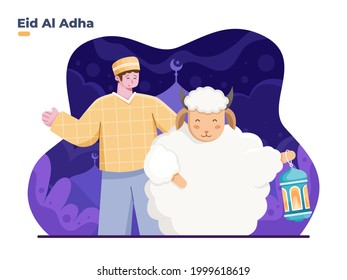 Eid Al Adha Flat illustration with Muslim person and goat animal with bringing lanterns. Celebrates Eid Al Adha Mubarak with a goat. Qurban, Sacrifice islamic festival. greeting card, banner, poster.