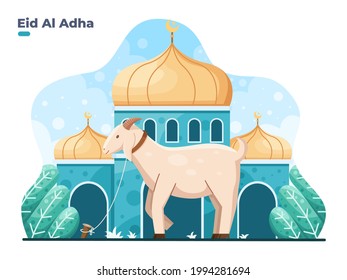 Eid Al Adha flat vector illustration with goat or sheep animal and mosque. Sacrifice animal celebration Islamic event. Selamat hari raya Idul Adha means happy Eid al-Adha also called Sacrifice festive