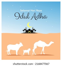 Eid Al Adha flache Vektorgrafik mit Ziegen oder Schafen Tier und Moschee. Opfere die Feier der Tiere Islamisches Ereignis. Selamat hari raya Idul Adha bedeutet glücklich Eid al-Adha, auch "Opfer festlich" genannt