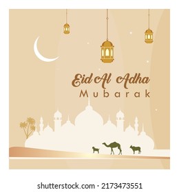 Eid Al Adha flat vector illustration with goat or sheep, camel and cow. Sacrifice celebration Islamic . Selamat hari raya Idul Adha means happy Eid al-Adha also called Sacrifice festive.