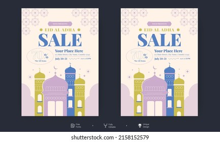 Volante de Eid Al Adha. Eid, Ramadan Kareem conjunto de afiches o diseño de invitaciones. diseño decorativo retro de tarjetas de felicitación o diseño de invitación