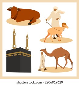 Eid Al Adha, goat, cow, camel, kaaba, makkah, concept set collection