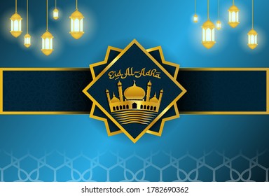 eid al adha. golden mosque. blue background. golden lantern.