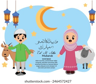 eid al adha greeting background with illustration of cute kid muslim hold goat and sheep sacrificial