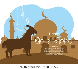 eid al adha greeting background with illustration of mosque goat and lantern
