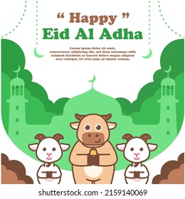eid al adha greeting banner with cow and goat mascot cartoon illustration