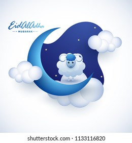 Eid Al Adha greeting card design with illustration of sheep, crescent moon, cloud on night view frame for Muslim Festival celebration concept.