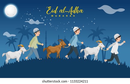 Eid al Adha greeting card. cartoon muslim boys take a goat for sacrifice with full moon, stars and mosque as background. Vector illustration for Eid greeting card, banner and poster