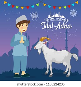 Eid al Adha greeting card. Cute cartoon muslim boy celebrating Eid al Adha with a goat for sacrifice with mosque as background. vector illustration
