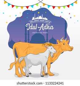 Eid al Adha greeting card (sacrificial feast). cartoon goat and cow with mosque as background