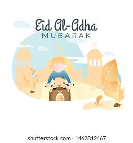 Eid al Adha greeting card. Cute cartoon holding a goat for sacrifice. vector illustration.