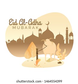 Eid al Adha greeting card. Cute cartoon holding a goat for sacrifice. vector illustration.