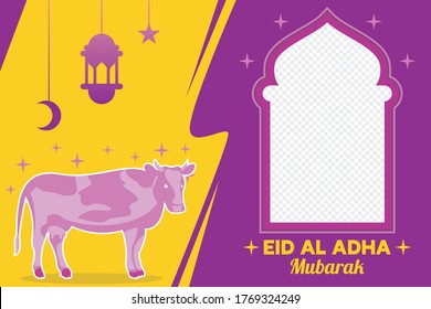 
Eid al adha greeting card, Happy Eid Adha Islamic Sacrifice Festival, Greeting Card Illustration, ramadan celebration. Islamic concept for happy eid al adha  with camel, cow and goat