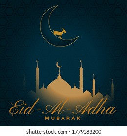 Eid al Adha Grußkartendesign mit Ziege für Opfer mit einem Halbmond, Sternen und Moschee als Hintergrund. Moslemisches Festivaldesign in Vektorgrafik.