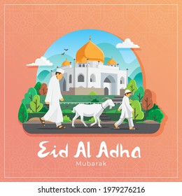 Eid al adha greeting card with muslim man and boy carrying white goat