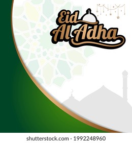 eid al adha greeting card banner typography style text green color gold with mosque silhouette with arabic pattern background good for social media website and more