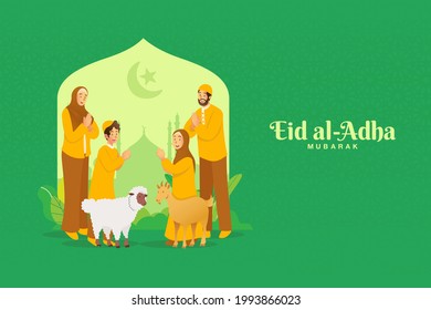Eid al Adha greeting card. cartoon muslim family celebrating Eid al Adha with a goat an sheep for sacrificial animal