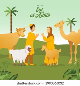 Eid Al Adha Greeting Card. Cute Cartoon Muslim Kids Celebrating Eid Al Adha With Sacrificial Animals