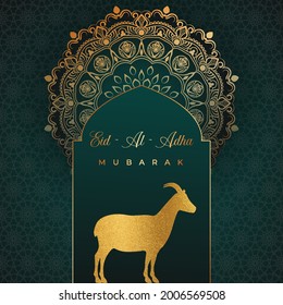 Eid al Adha greeting card design with ornamental mandala and goat