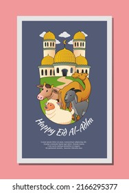 Eid al adha greeting card design with camel, goat, cow and sheep illustration