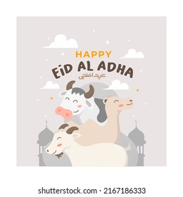 Eid al adha greeting card design with sheep, camel, and cow cartoon style illustration