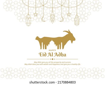 Eid Al Adha Greeting Card with Arabic Patterns and Lanterns. Celebration of Muslim holiday with goat and mosque vector illustration