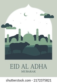 Eid Al Adha. Greeting card with sacrificial sheep with the background of the mosque at night. Eid Mubarak theme, vector illustration.
