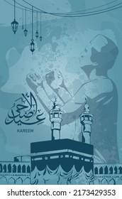 Eid al adha greeting card with kabah and praying servant illustration. There is a calligraphy that means "Eid al-Adha".