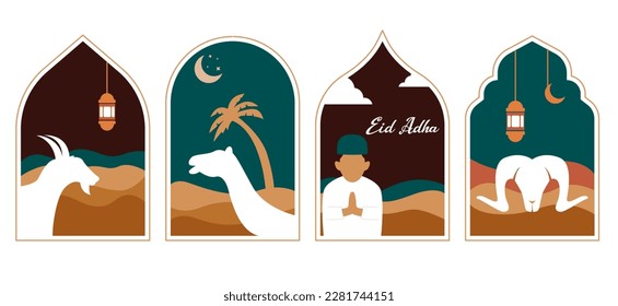 Eid al Adha greeting card with flat Greeting card with sacrificial sheep, Eid Mubarak theme suitable for social media post template, banner