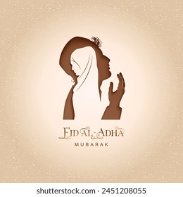 Eid Al Adha greeting card with paper cut silhouettes of a praying Muslim man and young woman on a light background with sparkles