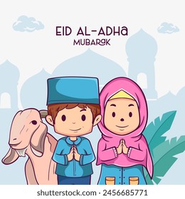 Eid al Adha greeting card. cartoon muslim family celebrating Eid al Adha with goats, stars and mosque as background