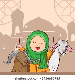 Eid al Adha greeting card. cartoon muslim family celebrating Eid al Adha with goats, stars and mosque as background