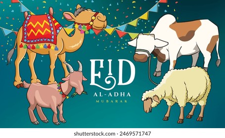 Eid al Adha greeting card (sacrificial feast). cartoon goat , cow, camel and lamb