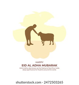 Eid al Adha greeting card. Cute cartoon holding a goat for sacrifice. vector illustration. eid al adha mubarak Arabic man with goat. abstract vector illustration design. happy eid mubarak greeting con