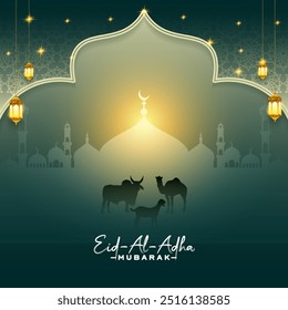 Eid Al Adha Cartão de Saudação Islâmico Elegante Luxo mesquita fundo bonito com padrões islâmicos e ornamentos de lanterna decorativos