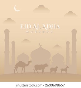 Eid Al Adha Greeting Card with Sacrificial Animals and Mosque on Golden Background. Vector illustration Eid Al-Adha for greeting card, social media, poster and banner.
