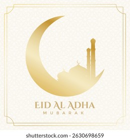 Eid Al Adha greeting card with golden mosque and crescent moon on islamic pattern background. Vector illustration Eid Al-Adha for greeting card, social media, poster and banner.